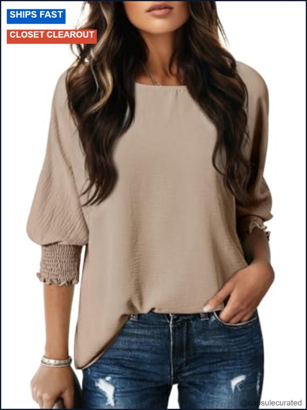 Womens 3/4 Sleeve Blouse Casual Boat Neck Batwing Babydoll Top Loose Fit